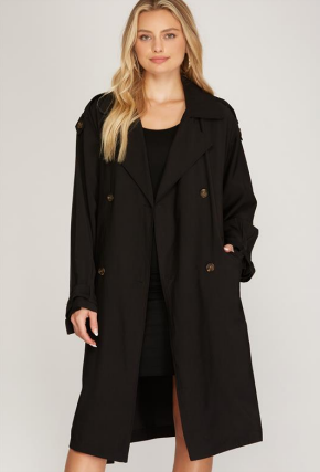 Shoulder Detail Black Trench Coat