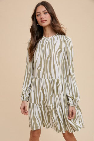 Abstract Print Ruffle Mock Neck Mini Dress