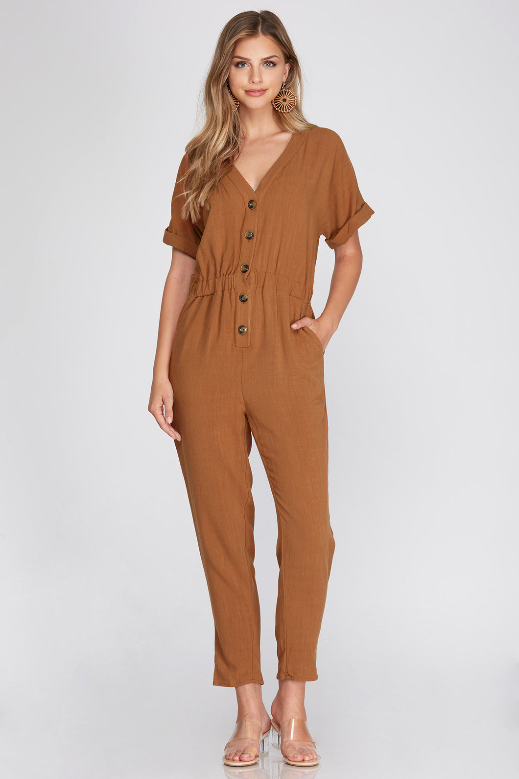 Short Sleeve Woven V Neck Jumpsuit