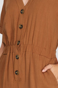 Short Sleeve Woven V Neck Jumpsuit