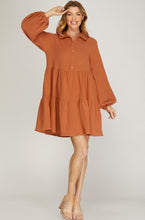 Load image into Gallery viewer, Long Sleeve Button Down Tiered Shirt Dress
