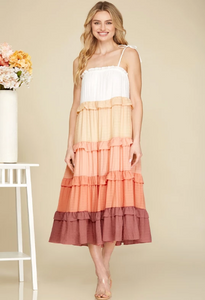 Peach Ombre Ruffle Tiered Shoulder Tie Midi Dress