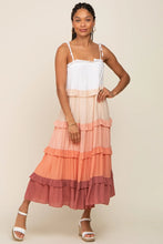 Load image into Gallery viewer, Peach Ombre Ruffle Tiered Shoulder Tie Midi Dress
