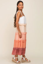 Load image into Gallery viewer, Peach Ombre Ruffle Tiered Shoulder Tie Midi Dress
