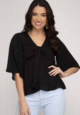 Half Flutter Sleeve Top with Knot Detail