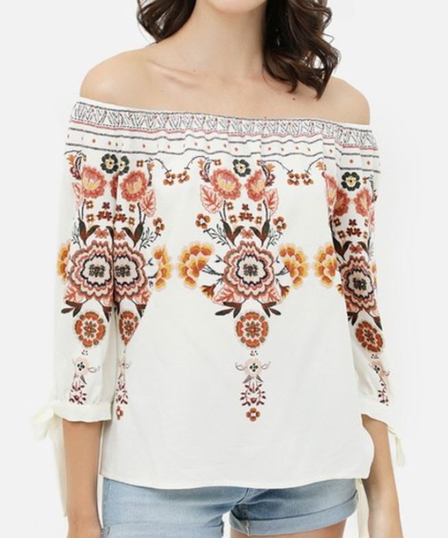 Embroidered Flower Off-Shoulder Top