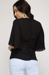 Half Flutter Sleeve Top with Knot Detail